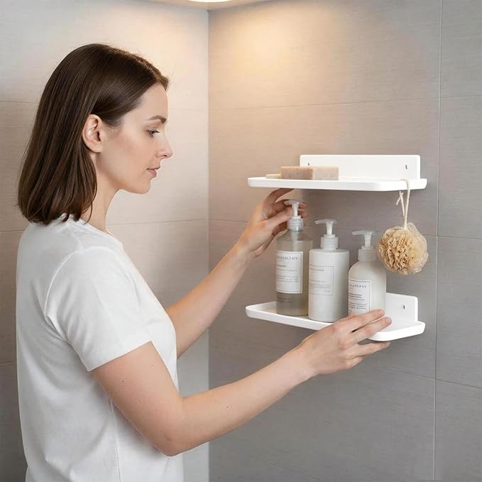 FAYYGYH Adhesive Floating Shelves No Drill Floating Shelf for Wall Storage Damage-Free Wall Mounted Organizer for Bathroom, Kitchen, Bedroom & Office (White, 2 PCS)