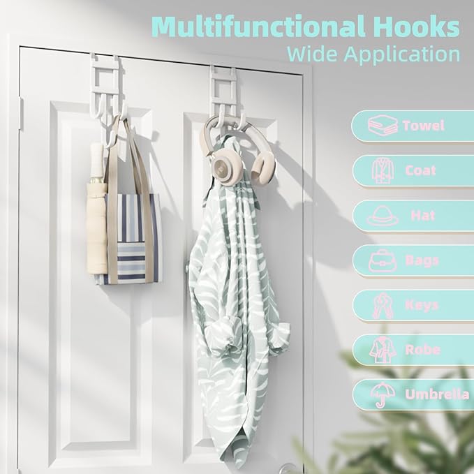 Over The Door Hooks - 2 Pack Heavy Duty Triple-Hook Organizer Hanger with Rubber for Towels, Clothes, Hats & Bags Use in Bathroom, Bedroom, Kitchen - Fits Interior Doors (White, Shape A)