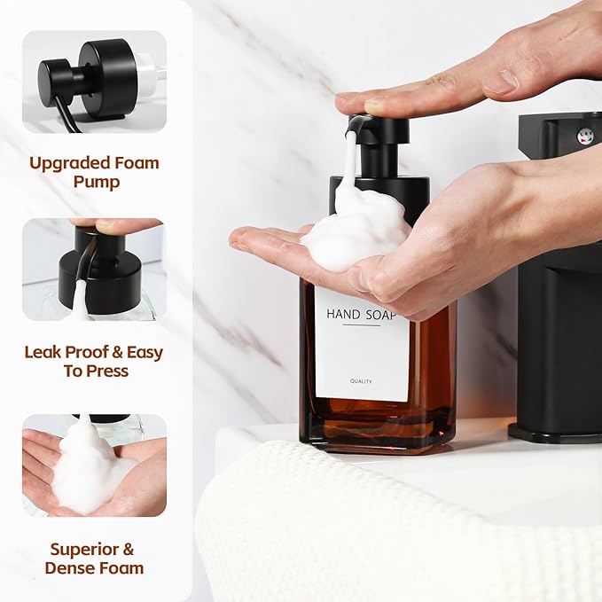 Foam Hand Soap Dispenser, 12oz/350ml Amber Foaming Soap Dispenser Set, 2Pcs Amber Glass Foam Dispenser with Foaming Pump, Labels, Refillable Square Dispenser for Bathroom, Kitchen