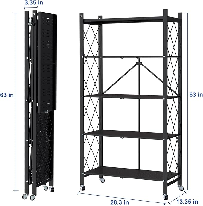 Storage Shelves, 5-Shelf Closet Organizers and Storage Foldable Metal Shelving Units 28.3" W x 13.35" D x 63" H for Garage Kitchen Bakers, Collapsible Organizer Rack, Heavy Duty on Wheels