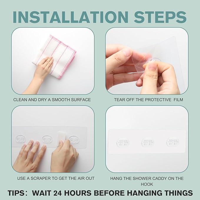 12 Pcs Shower Caddy Adhesive Hooks Replacement Storage Shelf Basket Strips Hook/No Drilling Strong Adhesive & Waterproof Hooks for Bathroom Wall Corner Shelf,Soap Holder,Organizer,Kitchen Racks