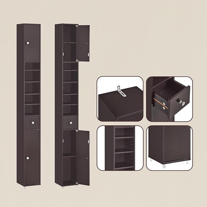 Haotian Bathroom Narrow Storage Cabinet, Skinny Tall Unit with Adjustable Shelves Slender Anti-Tipping Floor Standing Cupboard, Brown BZR34-BR