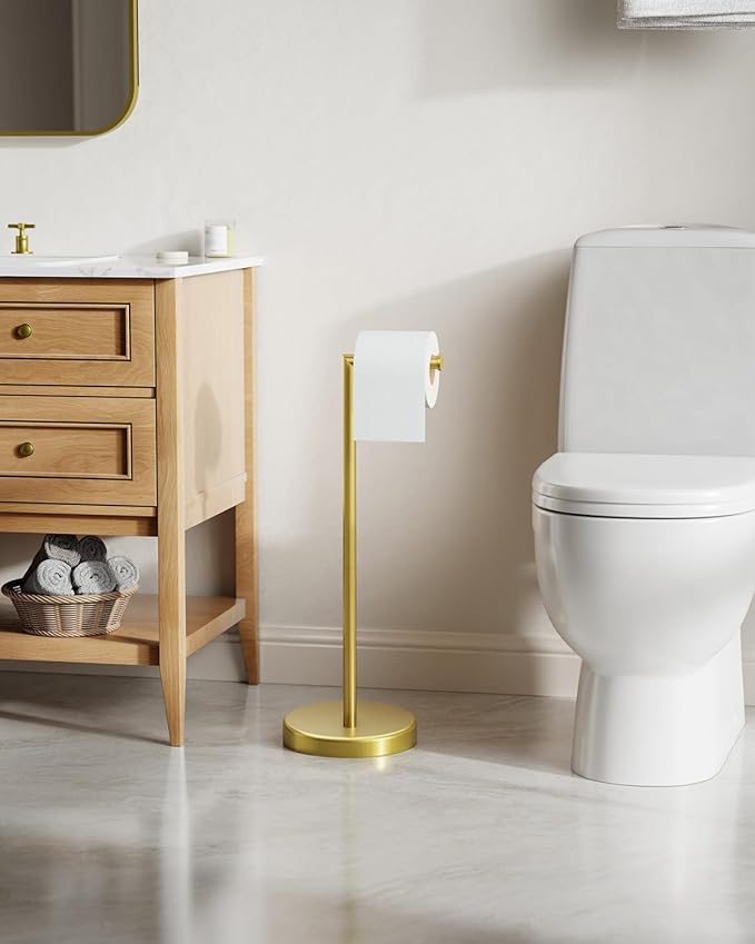 BWE Bathroom Toilet Paper Holder Stand Brushed Gold SUS304 Stainless Steel RV Modern Freestanding Toilet Paper Roll Holder for Bathroom and Washroom with Heavy Weighted Base