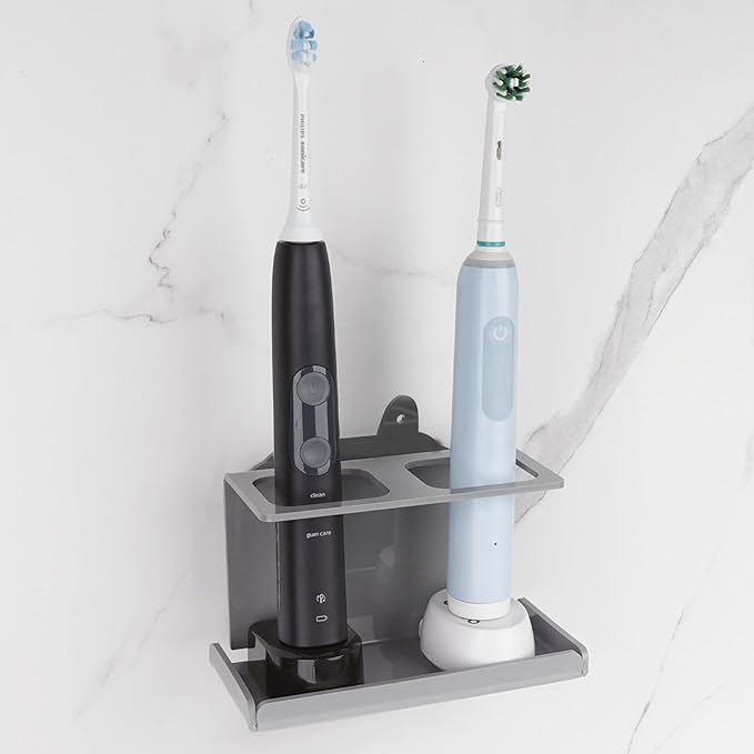 Electric Toothbrush Holder Wall Mounted, Electric Toothbrush Cord Organizer Holds 2 Chargers, Self Adhesive Electric Toothbrush Stand for Bathroom, Medicine Cabinet, Dorm(Grey)