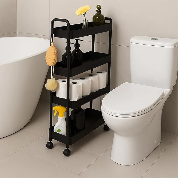 ShellKingdom 4 Tier Bathroom Storage Organizer, Toilet Paper Holder, Slim Rolling Storage Cart for Narrow Space with Handle, Mobile Shelving Unit for Bathroom, Kitchen, Laundry (Black)