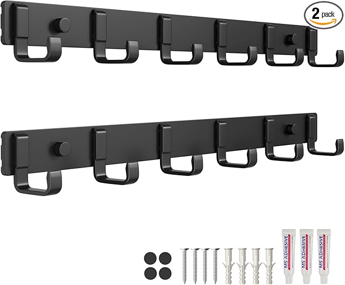 16-Inch Wall Mount Coat Rack with 6 Hooks, Compact Hooks for Hanging Coats, Hats, Jacket, Bags and Purses in Entryway, Bedroom, Bathroom or Closet, Install with Strong Glue or Screws (2-Pack)
