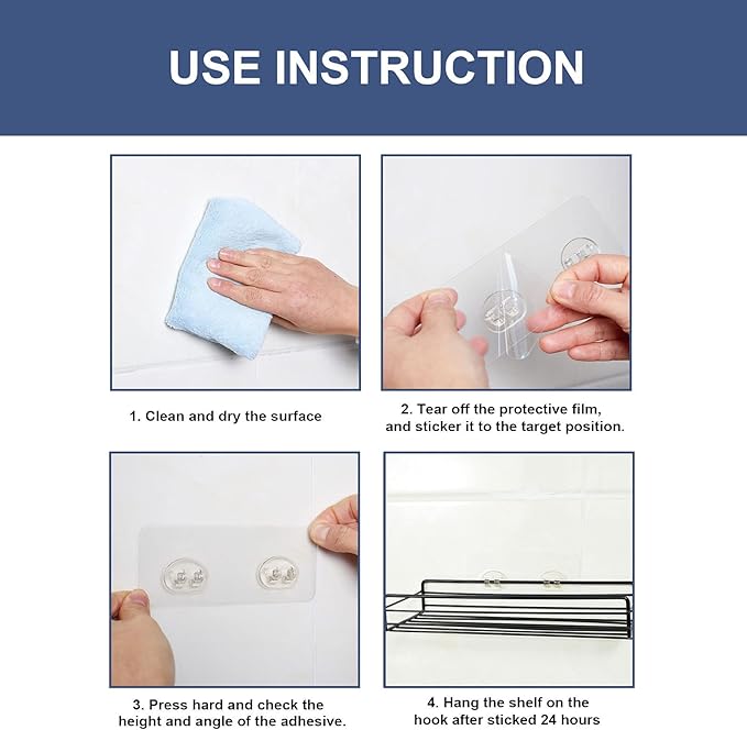 8 Pack Shower Caddy Adhesive Hooks Replacement, Strong sticker Single Hooks for Bathroom Shower Caddy Corner Shelf basket Soap Dish adhesive hanging Hooks, No Drilling Wall Shower Kitchen Accessories