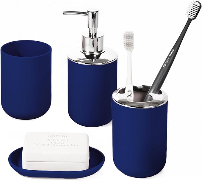 Bathroom Accessory Set, 4 Pcs Plastic Bathroom Set Include Soap Dispenser, Soap Dish, Toothbrush Holder, Mousewash Cup, Modern Bahtroom Décor Set, Space Save for Bathroom (Blue)
