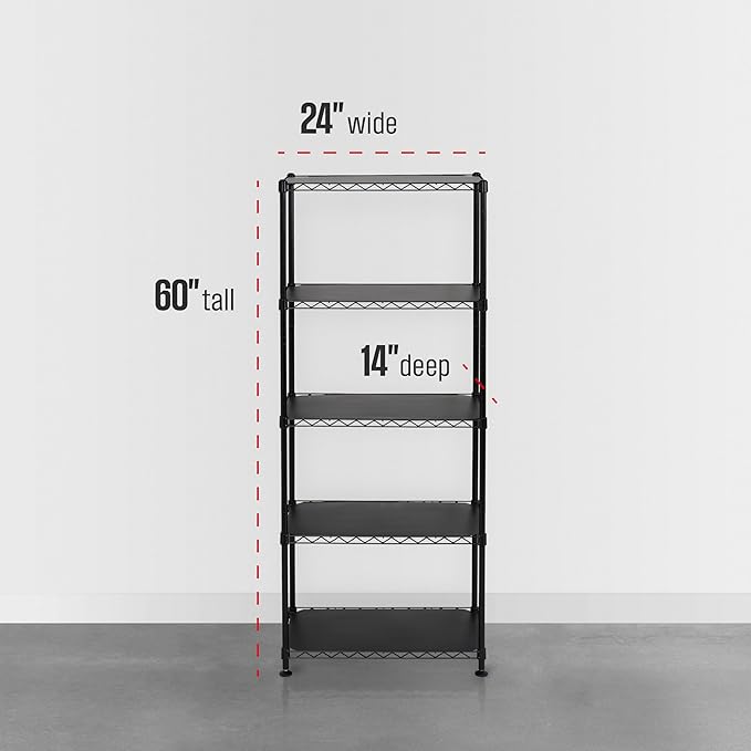 SafeRacks - NSF Certified Storage Shelves, Zinc, Heavy Duty Steel Wire Unit with Adjustable Feet, Garage or Bakers Rack, Kitchen, Pantry Shelf - (24"x14"x60" 5-Tier) (Black)