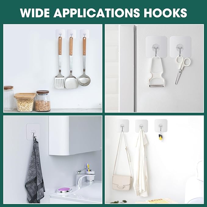 Adhesive Wall Hooks for Hanging Heavy Duty 22lb(Max) Hooks for Walls No Damage, Towel Sticky Clear Hooks, Waterproof, Home, Bathroom, Kitchen, Office, and Outdoor, Set of 12