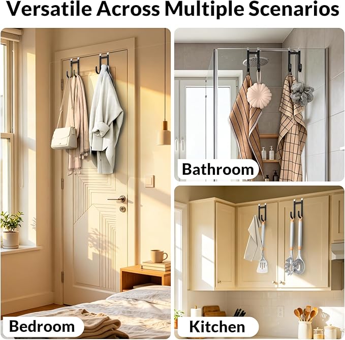2 Pack Over The Door Hooks, 100 LBS Heavy Duty Metal Hanger with Non-Slip Rubber for Clothes, Towels & Hat, Rustproof Bathroom Organizer Fits Interior Doors Up to 1 3/8"