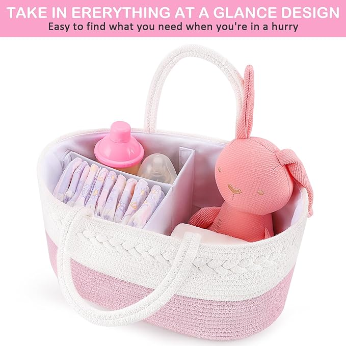 ABenkle Diaper Caddy Organizer - Cotton Rope Nursery Storage Basket for Baby Essentials, Boys & Girls Shower Gift, Changing Table Organizer, Pink