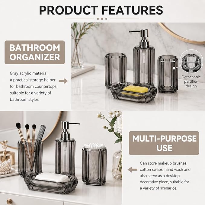 4-Piece Modern Gray Bathroom Accessories Set — Soap Dispenser, Soap Dish, Mouthwash Cup & Toothbrush Holder, Glossy Acrylic with Gray Finish, Vanity Countertop Organizer