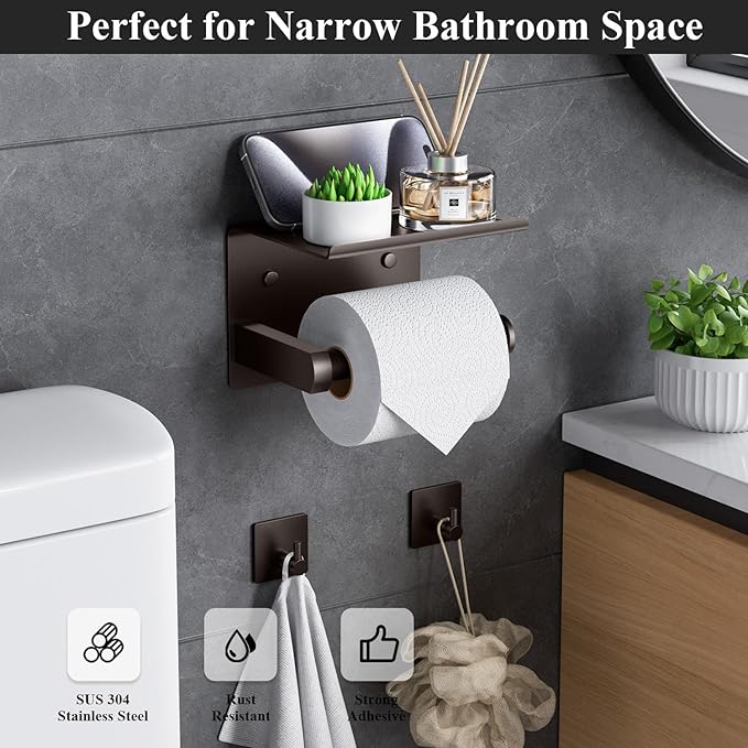 Tindbea Toilet Paper Holder with Phone Shelf + Towel Robe Hooks, Adhesive or Screw Wall Mounted Toilet Paper Roll Storage Dispenser, Stainless Steel Bathroom Tissue Roll Holder (Bronze)