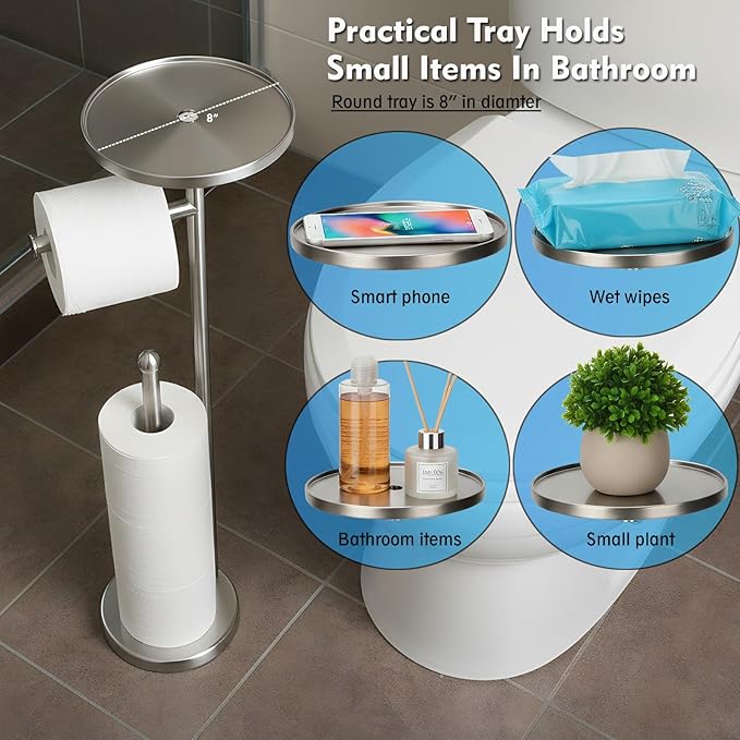 Toilet Paper Holder with Shelf, Tissue Roll Holder Stand with Storage Space for Holding Extra 4 Toilet Paper Rolls, Stainless Steel Rustproof Freestanding (Brushed Nickel)