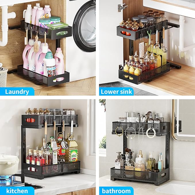 2 Pack Under Sink Pull Out Organizer, 2-Tier Adjustable Height Carbon Steel Storage Rack for Kitchen and Bathroom Cabinet, Black