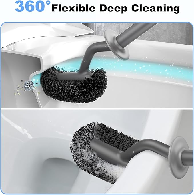 HAMITOR Toilet Bowl Brush Holder Set: Curved Design with Holder for Deep Cleaning Under Rim - Compact Hidden Scrubber for Small Space - Modern RV Bathroom Accessories - Gray