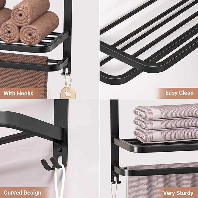 23 Inch 3-Tier Black Towel Racks for Bathroom with Towel Bars Multilayer Hotel Towel Shelf Stainless Steel Wall-Mounted Matte Finished Holder with Towel Shelves