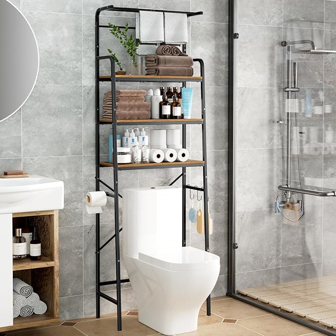 REFGY Over The Toilet Storage Cabinet,3-Tier Over The Toilet Storage Shelf with Hanging Bar,Metal Frame with Wood Bathroom Organizer Shelves,Space Saving Storage Bathroom Shelves Above Toilet for Room