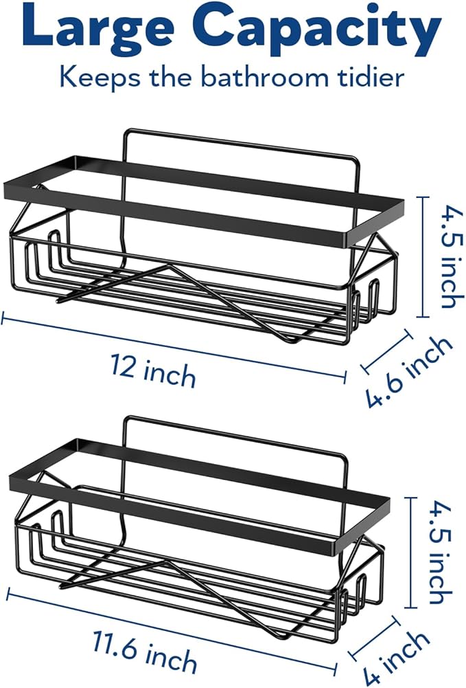 Adhesive Stainless Steel Shower Caddy Shelf Organizer - Renter-Friendly Bathroom Storage (Matte Black 2PCS)