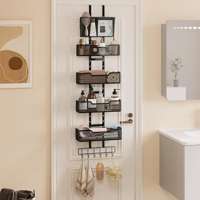 Hongtamoya Adjustable Over The Door Organizer, Closet Door Organizer Heavy Duty Hanging Door Storage with 4 Metal Baskets and PVC Pocket, Behind Organizer for Bathroom Closet Bedroom Cabinet, Black
