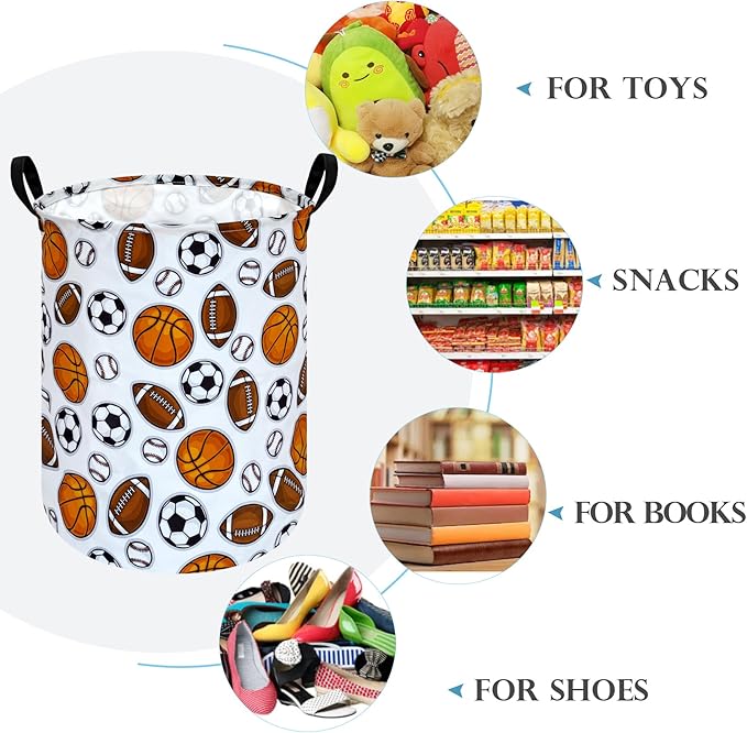 Round Colorful Basketballs Pattern Laundry Hamper Storage Basket Fabric Material Storage Hamper Organization Basket, Storage Bin, Gift Box with Handles for Room