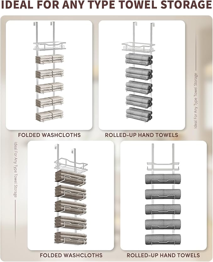 Aetyord Hanging Towel Racks for Bathroom No Drill - Over The Door 6-Tier Bath Towel Storage Organizer for Small Bathrooms-Back Door Large Tiered Towel Holder Hanger for Rolled Towels RV Camper Silver