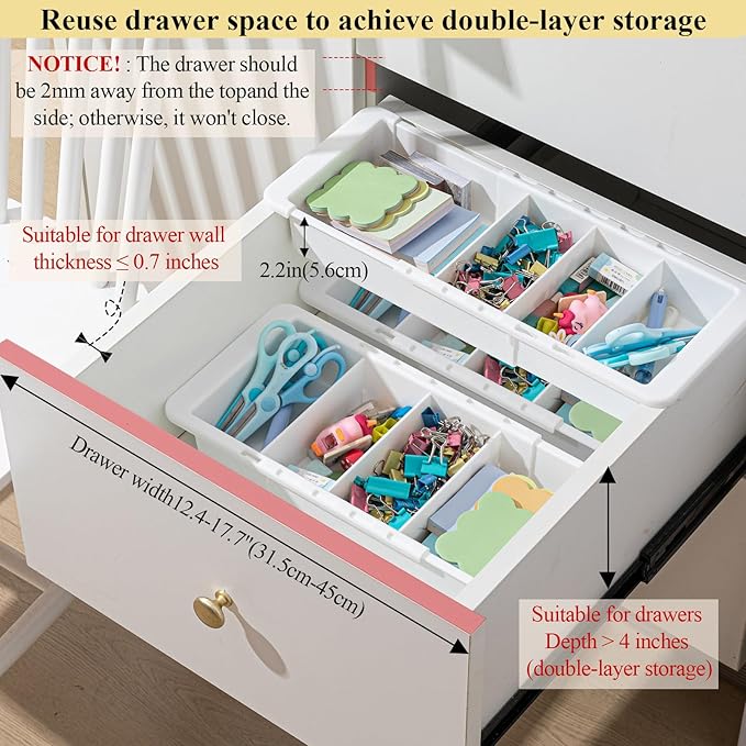 4 Pcs Expandable Drawer Organizer Bins Adjustable Deep Drawer Hanging Organizer Tray Expandable 11.4 to 18.1 Inches Plastic Dividers Storage for Office Bathroom Bedroom Kitchen Desk, White