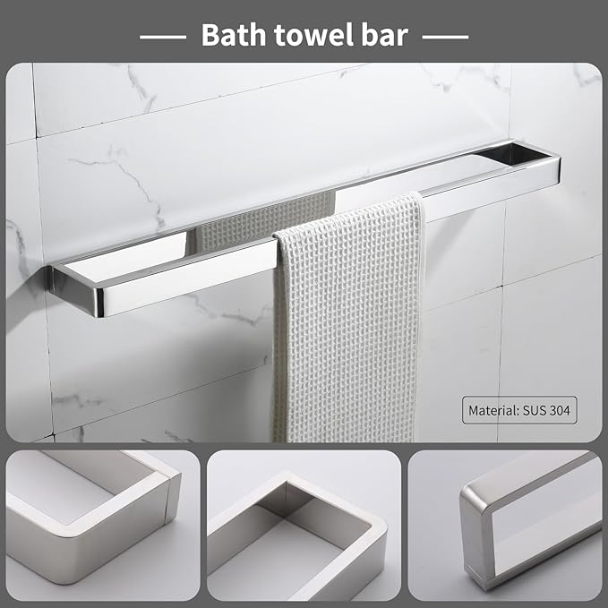 YACVCL 4-Piece Bathroom Hardware Accessories Set Polished Chrome Towel Bar Set Square Towel Holder Kit Stainless Steel Wall Mounted
