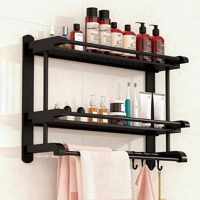 Stainless Steel Shower Organizer with Towel Bar - Rustproof Bathroom Shelf with Ventilated Design, Wall Mounted 2-Tier Storage Rack for Bath Products & Hanging Towels (Black)