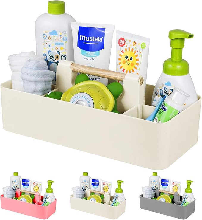 Baby Shower Caddy Plastic Nursery Portable Storage Organizer Caddy Tote for Child/Kids, Divided Basket Bin with Wood Handle for Bathroom, Dorm Room, Holds Hand Soap, Bottles, Spoons (Beige)