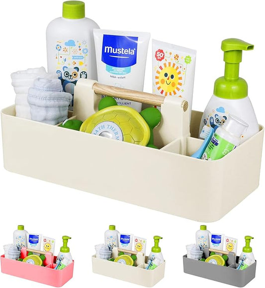 Baby Shower Caddy Plastic Nursery Portable Storage Organizer Caddy Tote for Child/Kids, Divided Basket Bin with Wood Handle for Bathroom, Dorm Room, Holds Hand Soap, Bottles, Spoons (Beige)