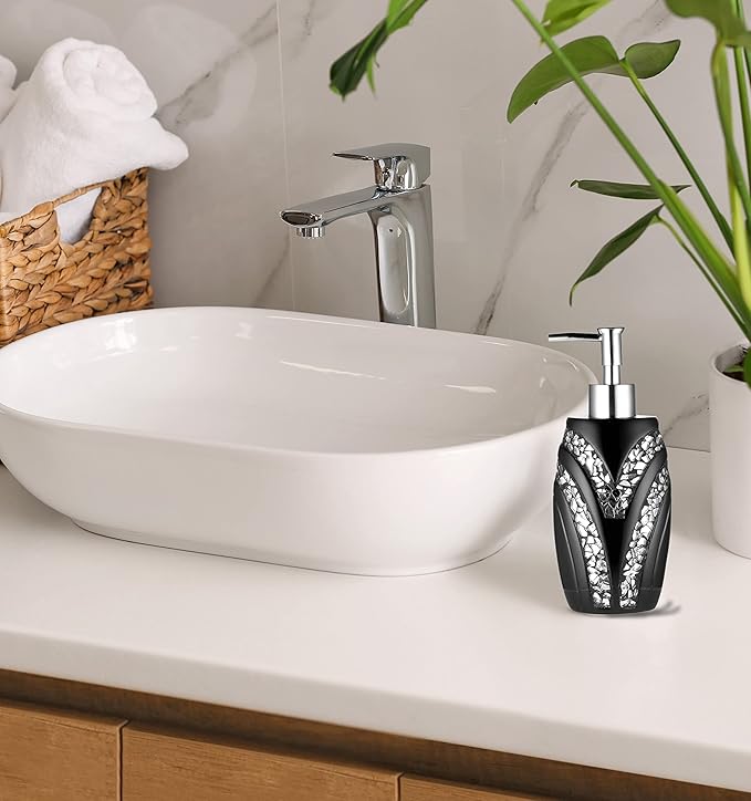 Zahari Home Sinatra Soap Dispenser/Lotion Pump Unique Design Bling Glass Mosaic Décor, Black
