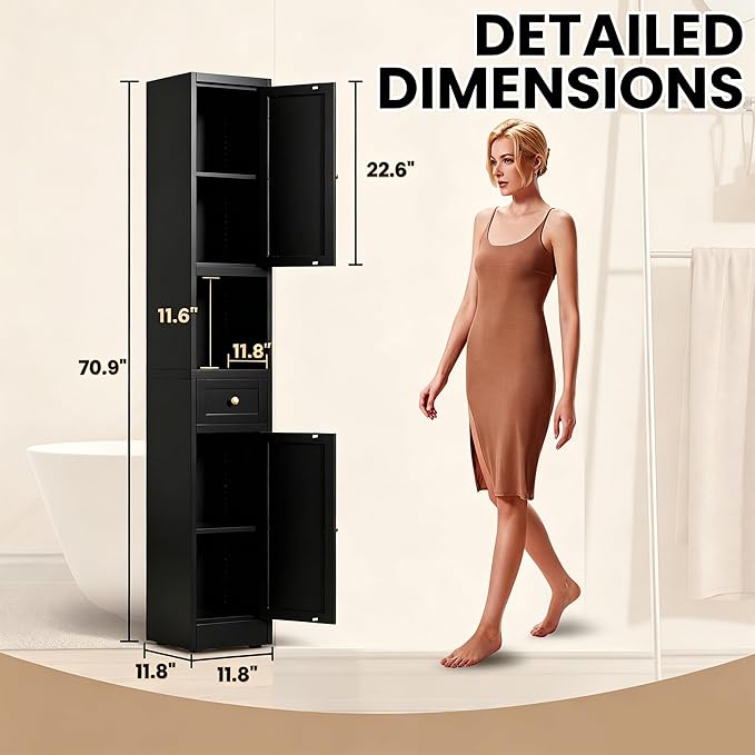 71 Inch Tall Narrow Bathroom Storage Cabinet, Slim Metal Freestanding Floor Cabinet with Doors, Adjustable Shelves, Drawer & Open Shelf, Bathroom Organizer for Small Spaces, Black