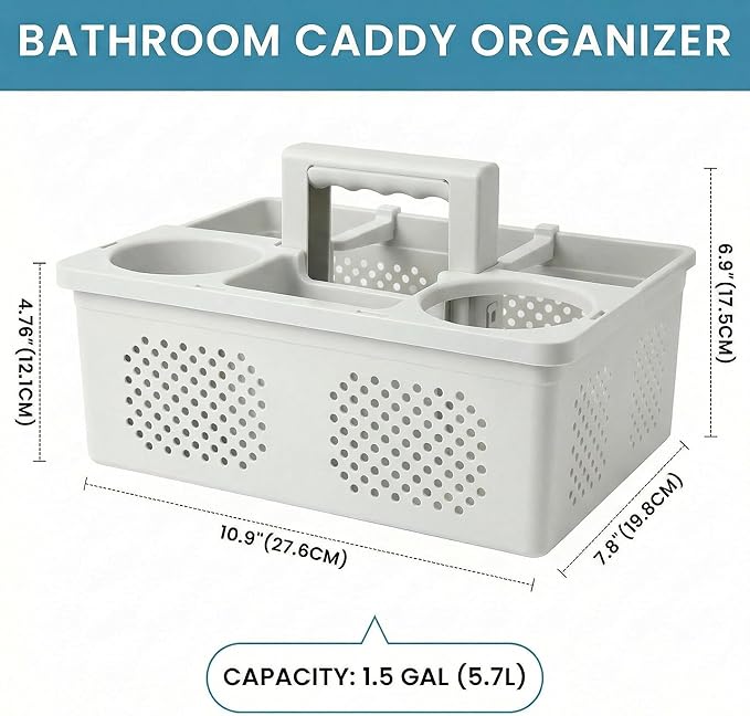 KMV Dorm Room Portable Shower Caddy with Adjustable Compartments - Ventilated Drainage Design with Handles, Perfect Toiletries Organizer for College Dorms-gray