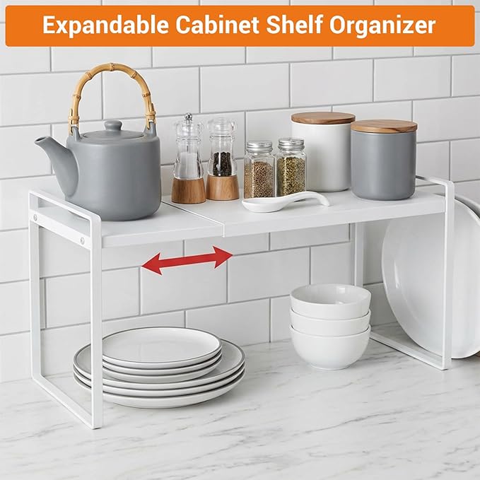 Kenaoeoe Expandable Cabinet Shelf Organizer Riser Adjustable Kitchen Cabinet Organizer for Pantry Cupboard Under Sink Countertop, Space Saver Storage Rack, White