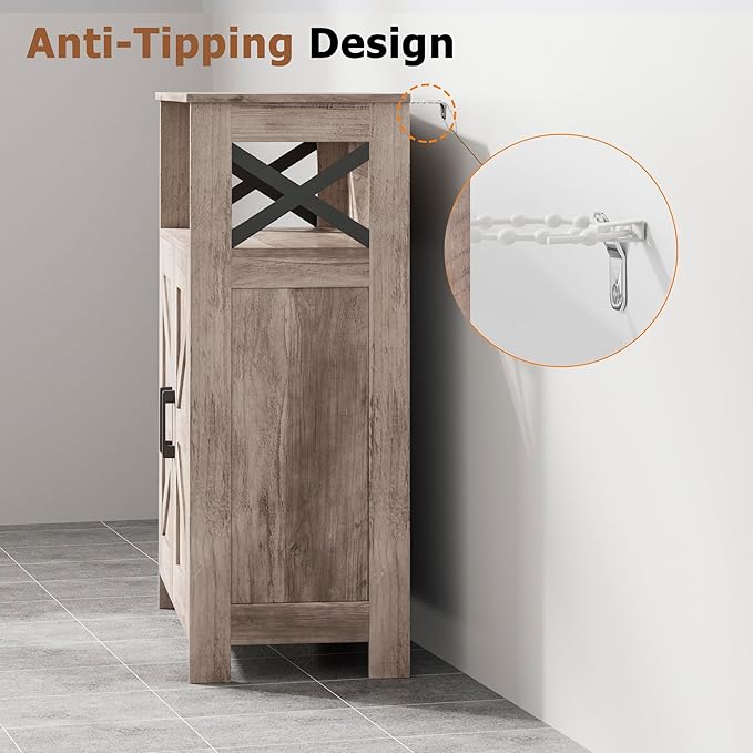 Homhedy Farmhouse Bathroom Storage Cabinet with 2 Doors, Toilet Paper Cabinet with Adjustable Shelves, Small Bathroom Cabinet for Kitchen/Laundry/Living Room, 11.8 x 23.6 x 31.5 Inches, Greige