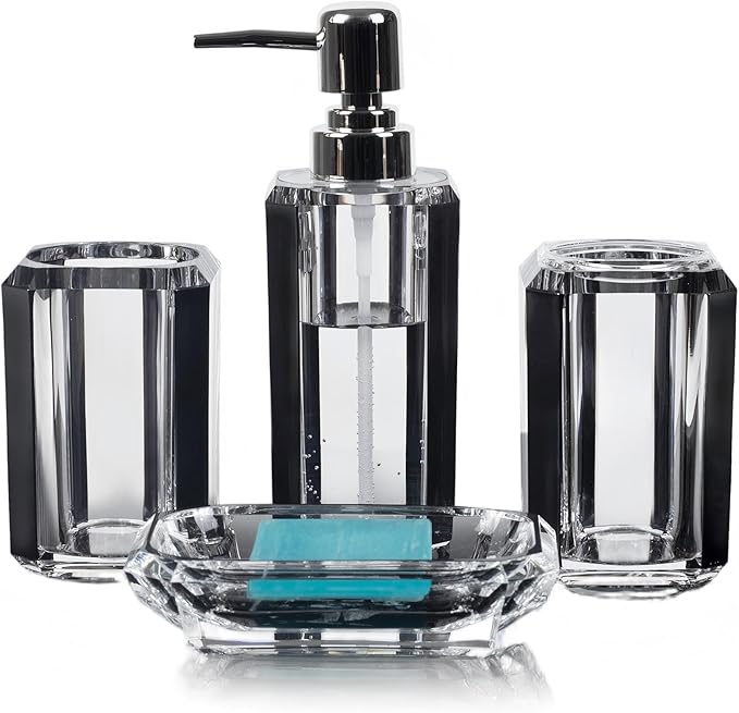 4-Piece Black Bathroom Accessories Set — Soap Dispenser, Soap Dish, Mouthwash Cup & Toothbrush Holder, Glossy Acrylic with Brushed Black Accent, Modern Bathroom Decor