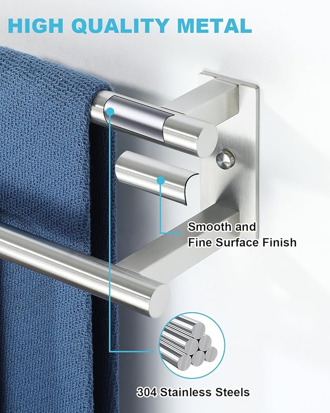 Alise Bathroom Double Towel Bar, 16 Inch Wall Mount Towel Holder, Towel Racks for Bathroom, SUS304 Stainless Steel Towel Hanger, Thickened Pipe with Strong Load-Bearing Capacity, Nickel