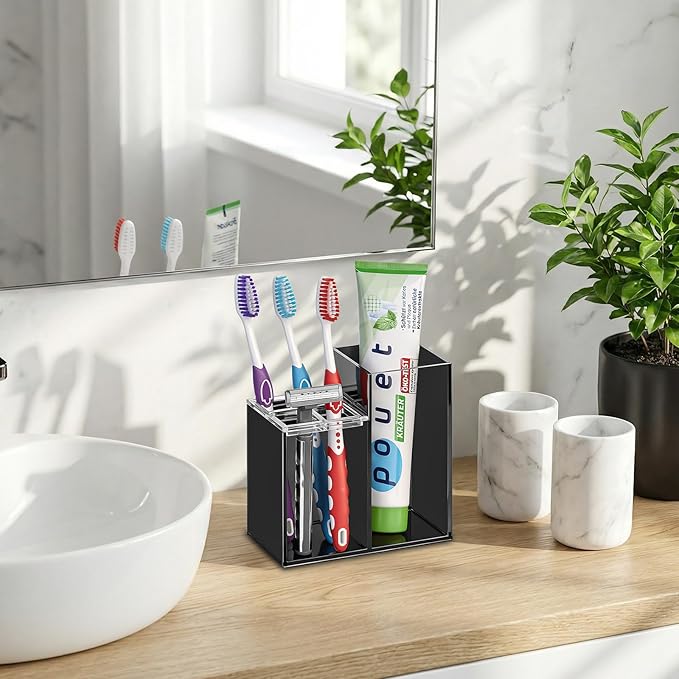 Acrylic Toothbrush Holders for Bathroom, 5 Slots Toothbrush and Toothpaste Storage Organizer Holder, Home Decor for Bathroom Accessories Organizer - Black