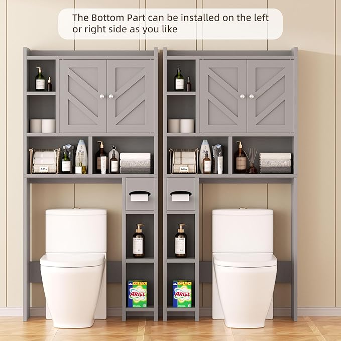 Shintenchi Over the Toilet Storage Cabinet, Bathroom Storage Cabient with Barn Doors, Bathroom Storage Shelf Organizer with Toilet Paper Holder, Adjustable Shelf and Anti-Tip Device, Gray