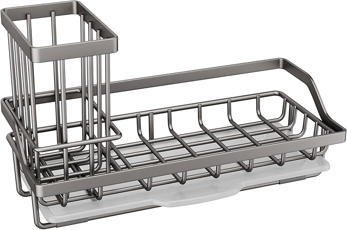 SWTYMIKI Sink Caddy Sponge Holder - Kitchen Sink Organizer with High Brush Holder for Countertop to Hold Dish Soaps and Sponges, Stainless Steel, Sand Nickel