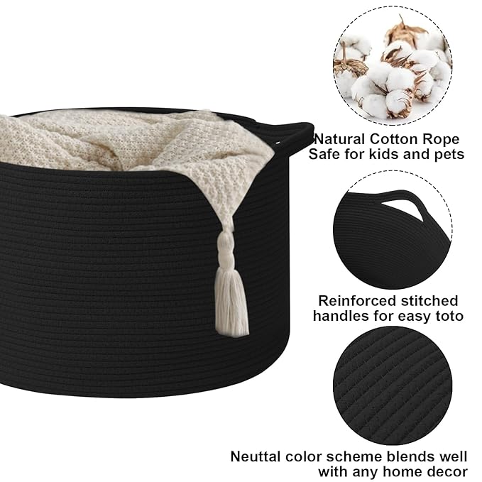 90L Extra Large Blanket Basket,Woven Rope Laundry Basket Hamper with Handles, Decorative Nursery Basket Storage Bin for Toys, Clothes Organizer, Living Room, Bedroom, Bathroom, Black