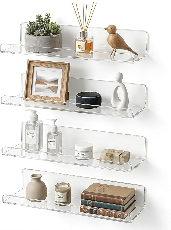 Acrylic Floating Shelves, Adhesive Wall Mount Command Shelves for Bathroom, Kitchen, Dorm - Renter-Friendly Easy Install Wall Shelves for Home Decor and Organization (Fully Clear-4 Pack)