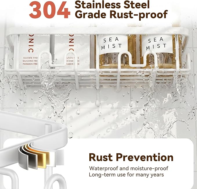 YASONIC Shower Caddy Adhesive 5-Pack, Rustproof Shower Shelves with 24 Hooks, No Drilling Shower Shelf for Inside Shower, Large Capacity Bathroom Organizers and Storage for Dorms & Renters, White