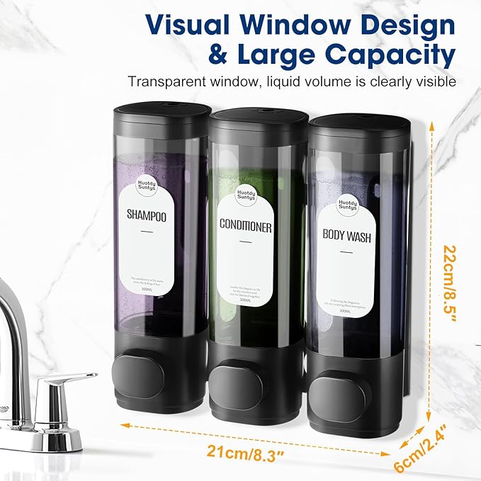 Shampoo and Conditioner Dispenser 3 Chamber No Drill – 300ml Each Container, Wall-Mounted Shower Soap Body Wash Dispenser for Bathroom, Toilet, Hotel & Kitchen (Black)
