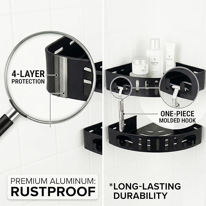 Adhesive Corner Shower Shelf No Drill | Rust-Proof Aluminum Alloy Stick On Bathroom Organizer with Shaving Holder for Shampoo, Conditioner, Soap, Razors Black 3Pack