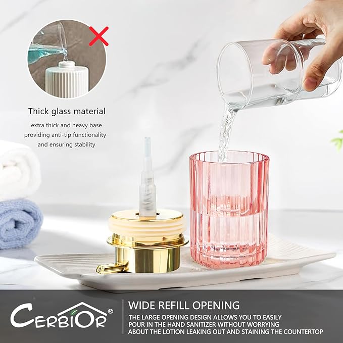 CERBIOR Bathroom Accessories Set, 4 Pcs Glass Accessories Sets Includes Soap Dispenser, Toothbrush Holder, Toothbrush Cup, Soap Dish for Decorative Countertop and Housewarming Gift,Golden Pink