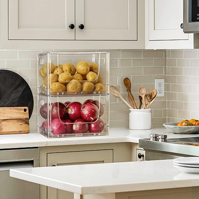 ANUMITRA 2 Pack Large Foldable Open Front Storage Bins with Lids, Stackable Clear Plastic Container Organizer for Pantry, Kitchen, Cabinet, Bathroom, Closet Organizers and Storage
