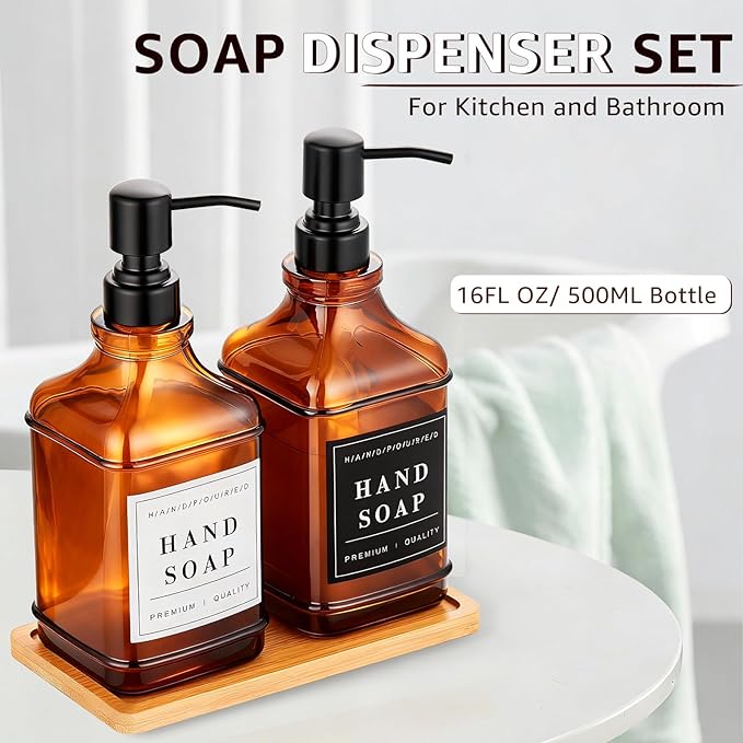 Dish and Hand Soap Dispenser for Kitchen, Amber Glass Soap Dispenser with Pump,Tray,Funnel, Set of 2 Countertop Soap and Lotion Dispenser for Bathroom,Shower,500ml/16.9oz,